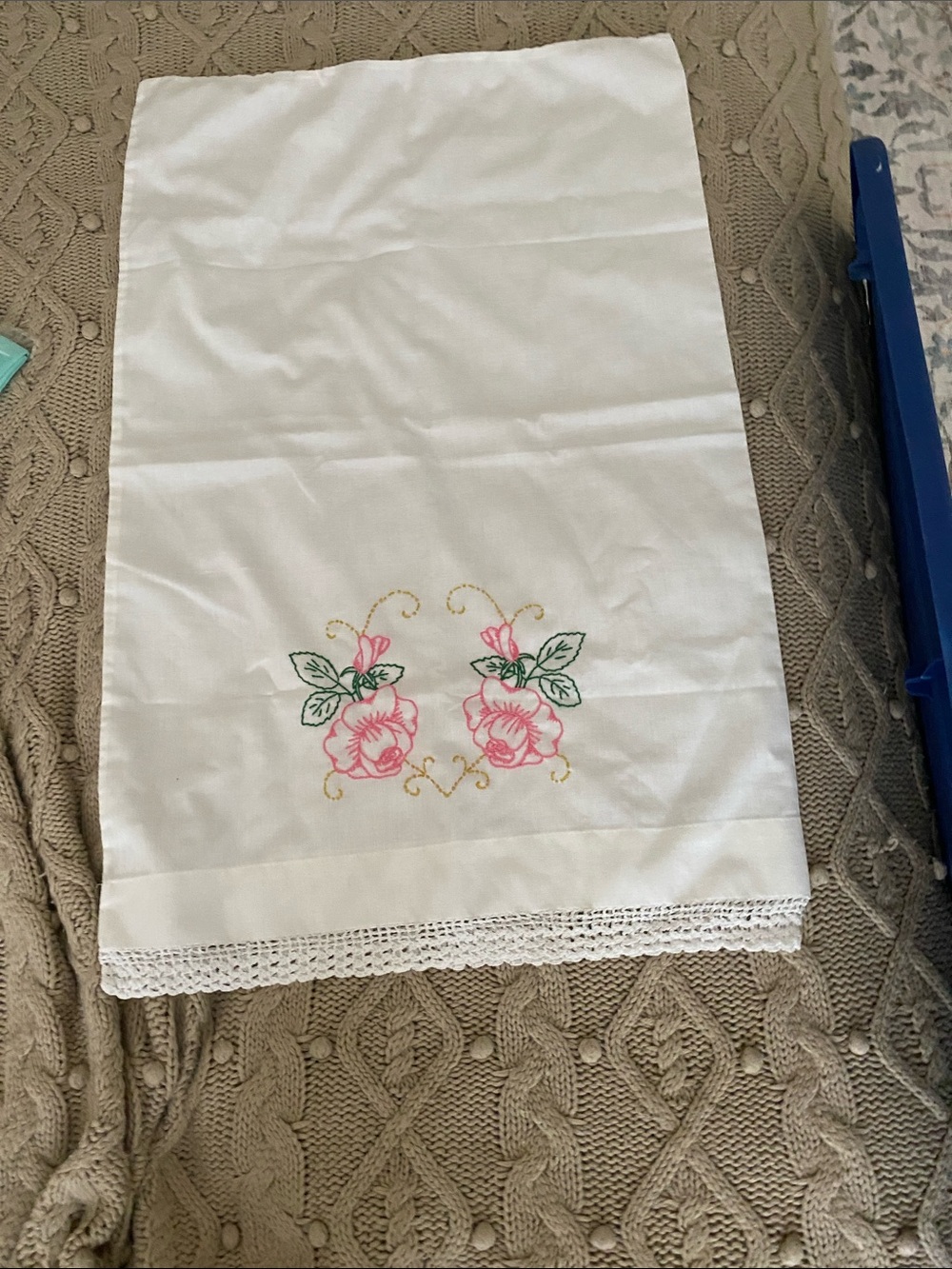 Embroidered Pink Rose pillowcase with Lace Trim. Two include …